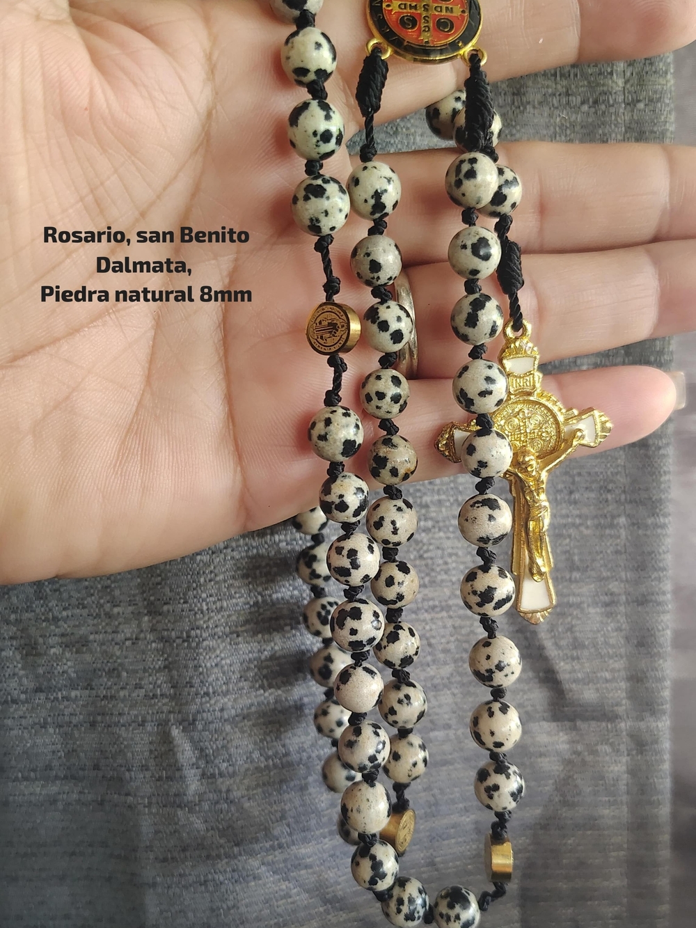 Dalmatian Jasper Rosary Necklace with Gold Crucifix